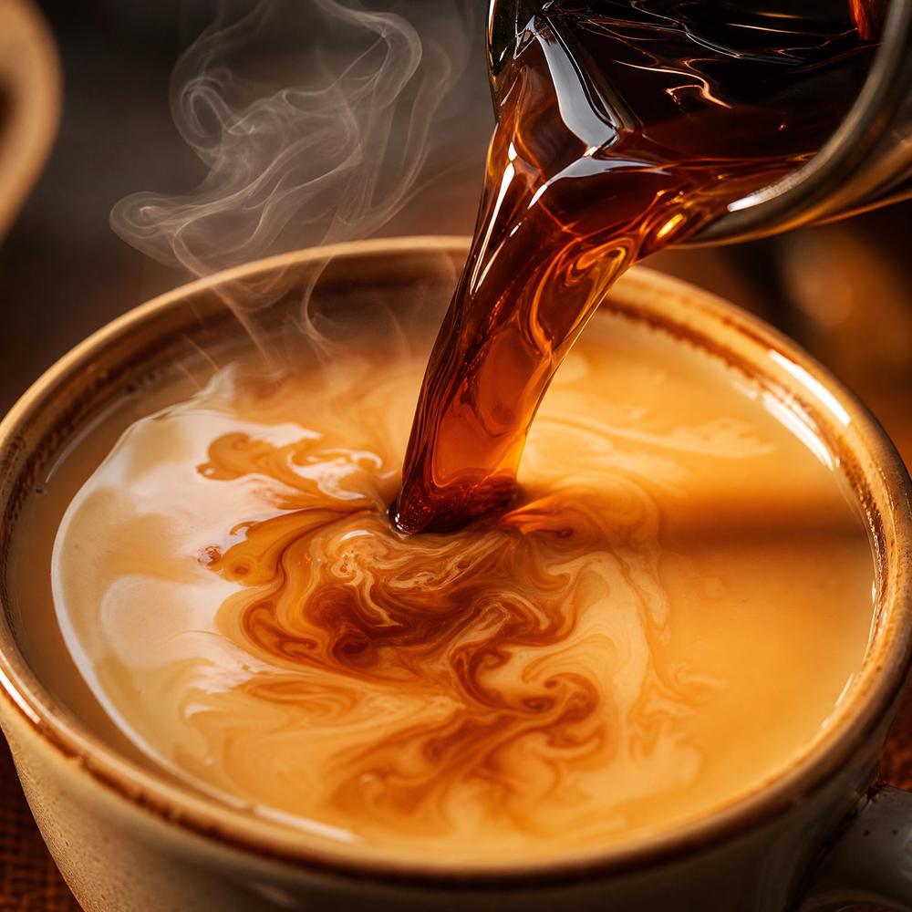 Brown sugar syrup swirling into milk tea