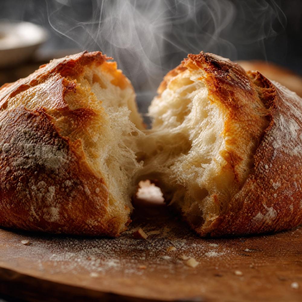 Freshly baked sourdough loaf with steam rising