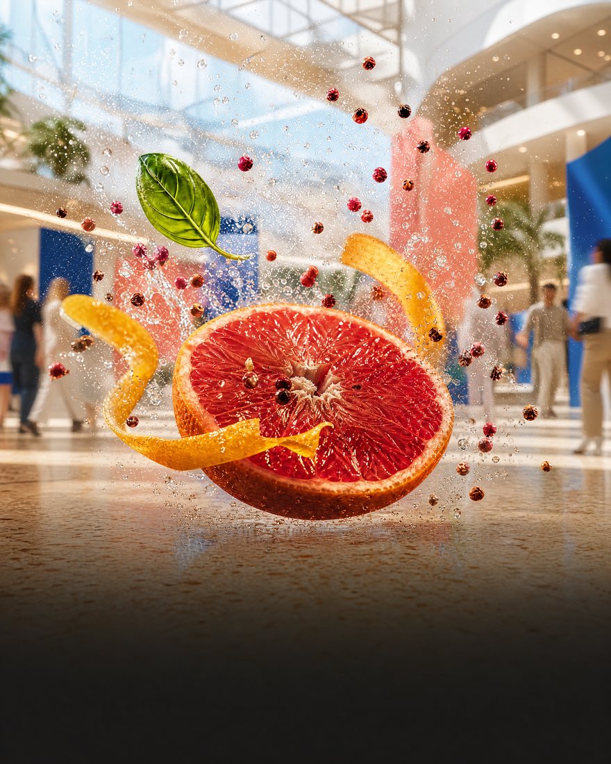 A grapefruit slice bursting with citrus, basil and droplets mid-air in a bright mall atrium