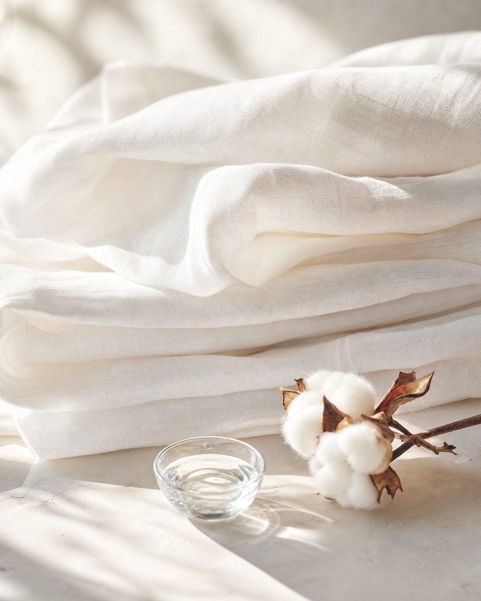 Folded white linen with a cotton stem in bright daylight