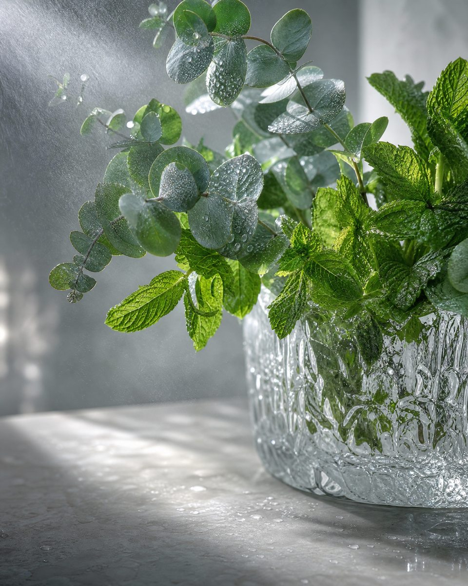 Fresh eucalyptus and mint in a glass vessel with a fine mist