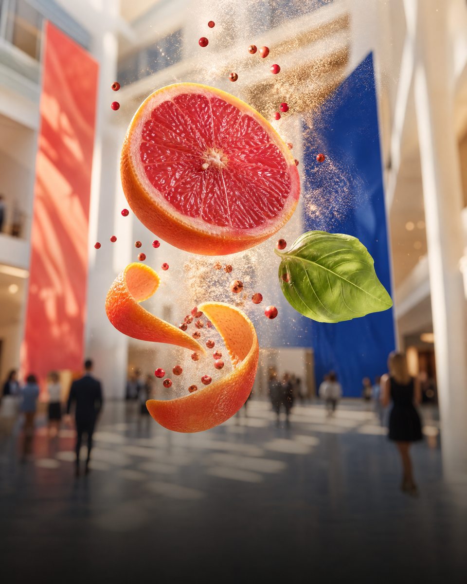 A grapefruit, pink peppercorns and basil suspended mid-air in a bright atrium