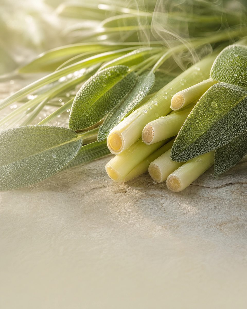 Fresh lemongrass stalks and sage leaves with dew on pale stone