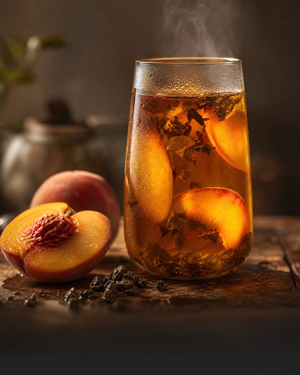 A steaming glass of peach oolong tea with fresh peach and tea leaves