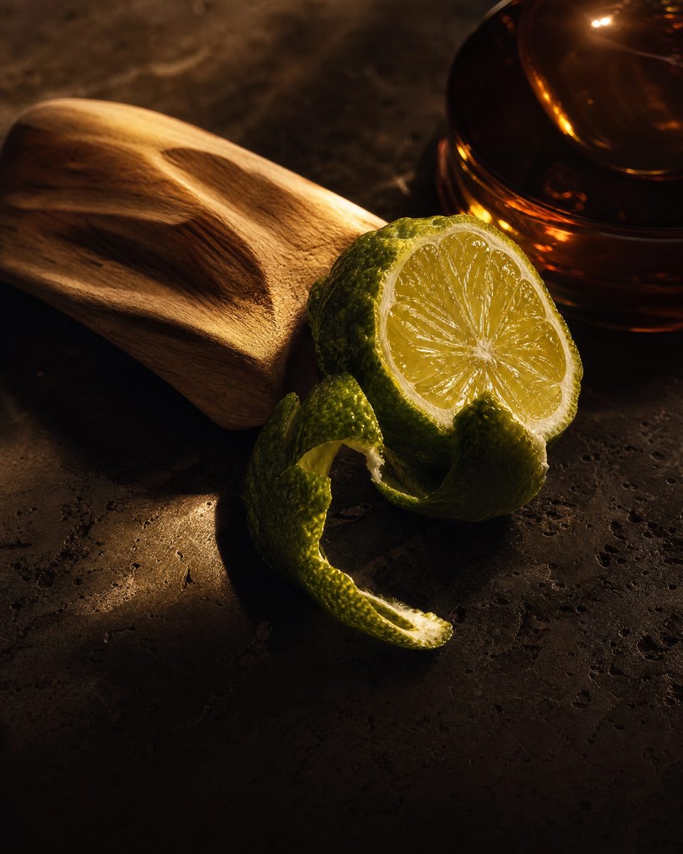 A sliced bergamot beside sandalwood and an amber cup in warm light