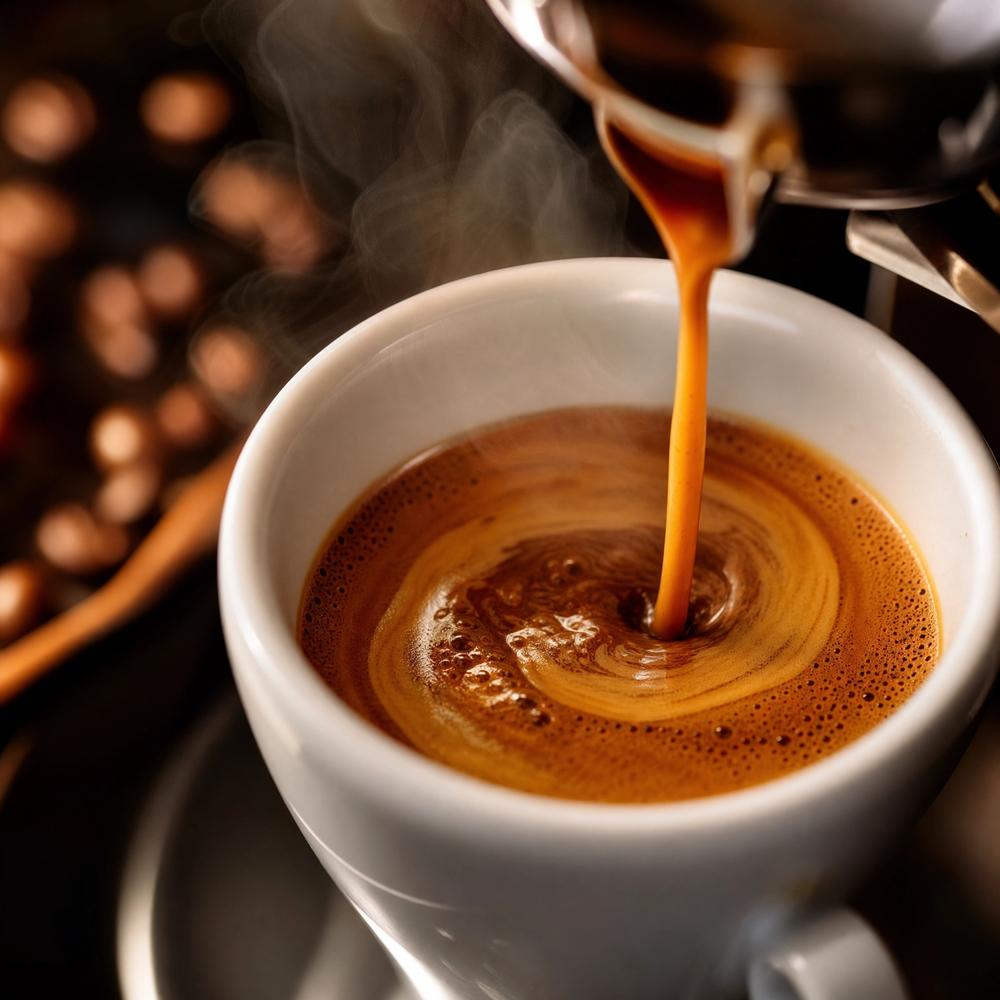 A rich espresso being pulled with golden crema and rising steam