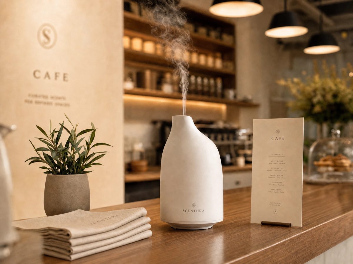 A Scentura-branded ceramic diffuser releasing mist on a warm cafe counter