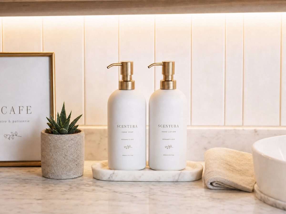 Scentura-branded hand soap and lotion dispensers on a marble shelf