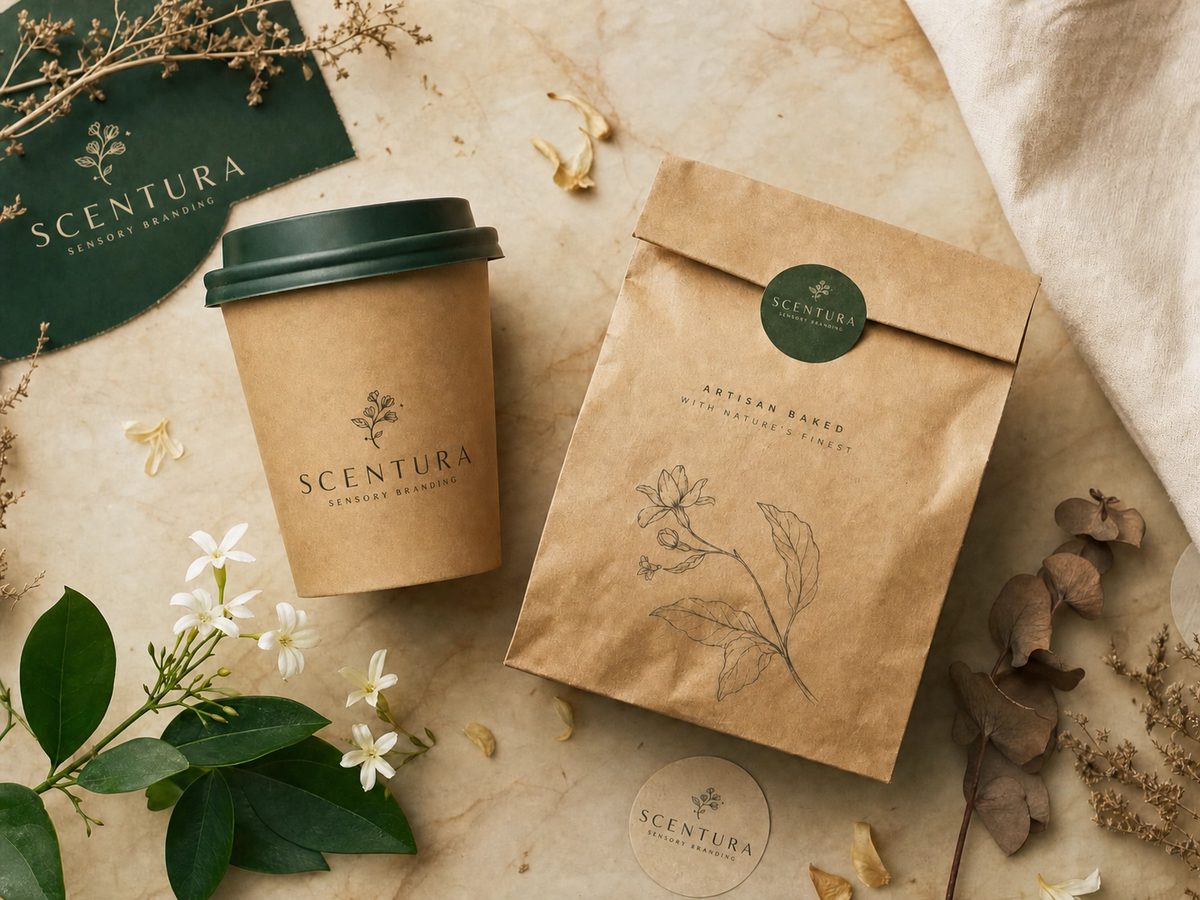 Scentura-branded kraft cup, bag and sticker seal surrounded by botanicals