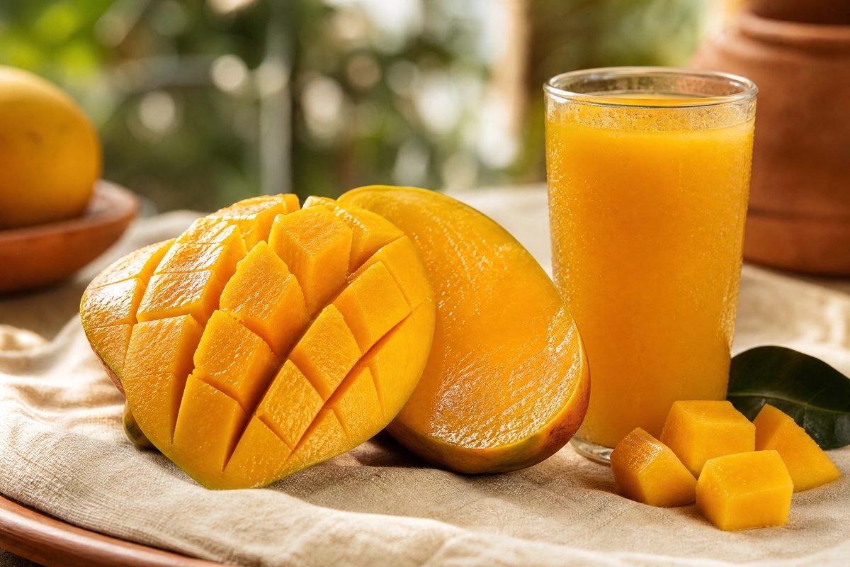 Fresh ripe mango, sliced, beside a glass of mango juice