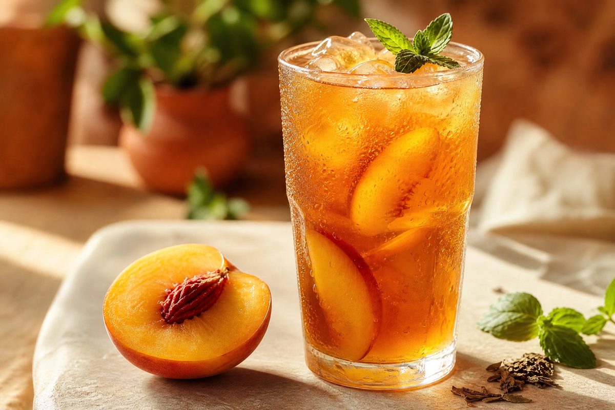 A glass of iced peach tea with fresh peach slices