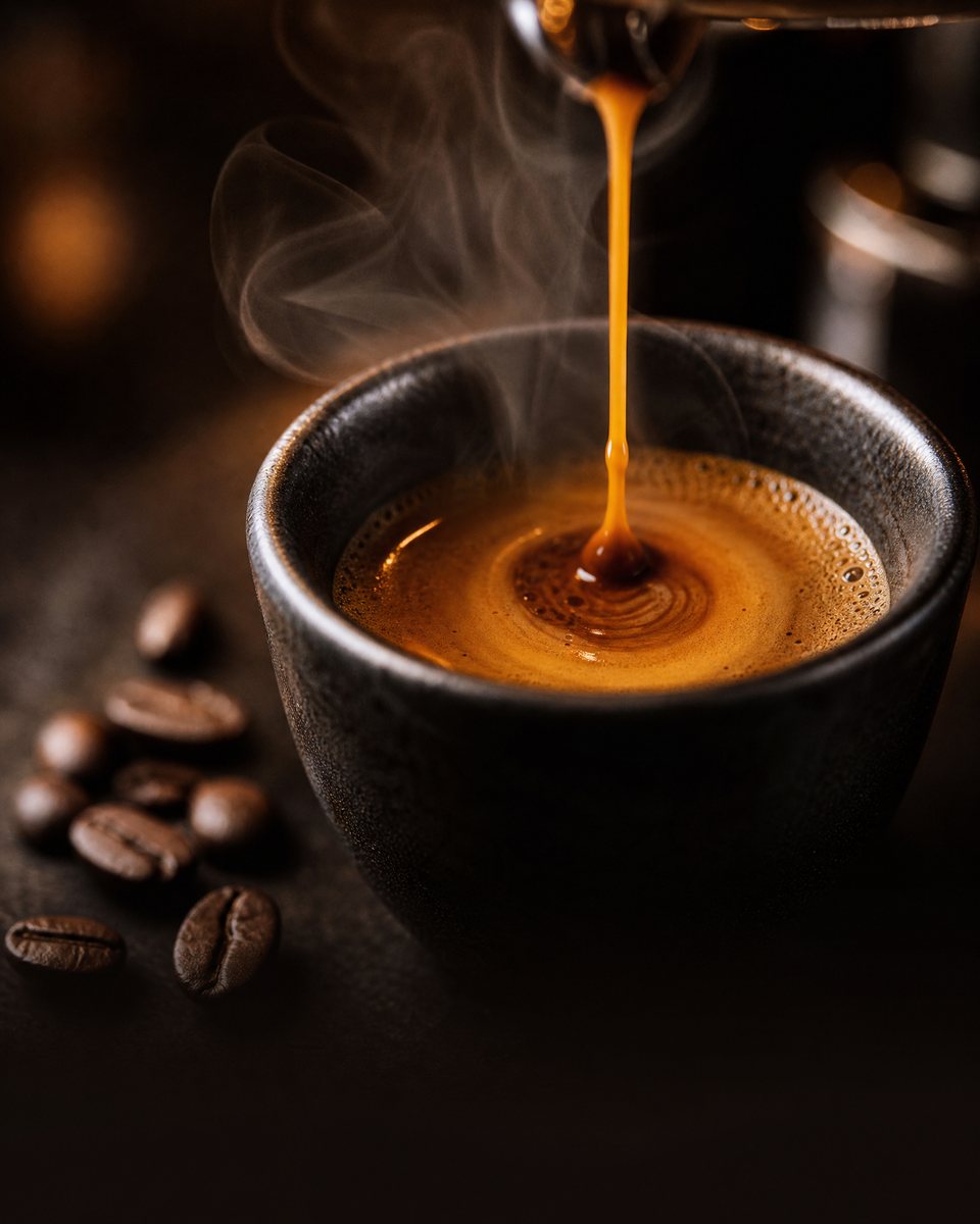 A dark espresso being poured into a stoneware cup with rising steam