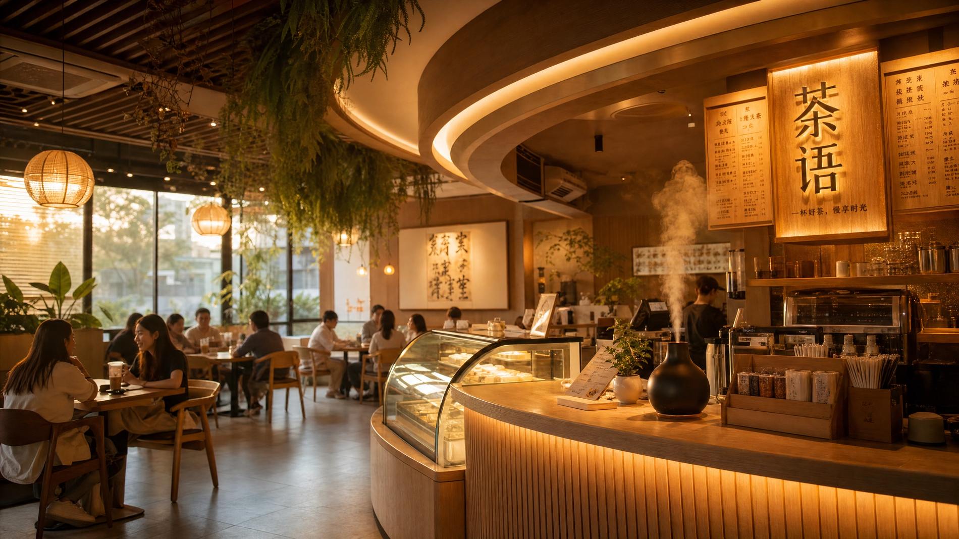 A warm, bustling Asian cafe interior at golden hour with a diffuser on the counter